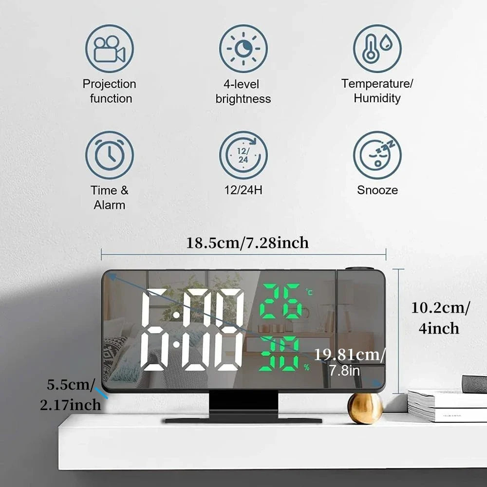 180° Projection Alarm Clock with Temp, Humidity, Night Mode, Snooze, USB