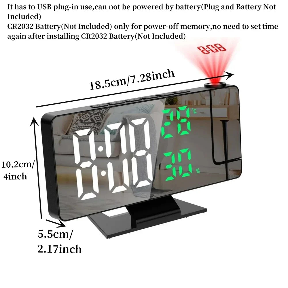 180° Projection Alarm Clock with Temp, Humidity, Night Mode, Snooze, USB