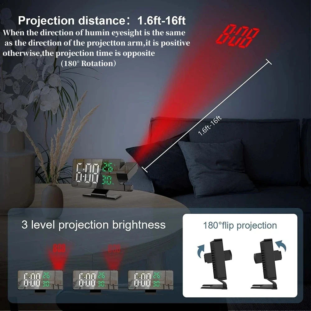 180° Projection Alarm Clock with Temp, Humidity, Night Mode, Snooze, USB