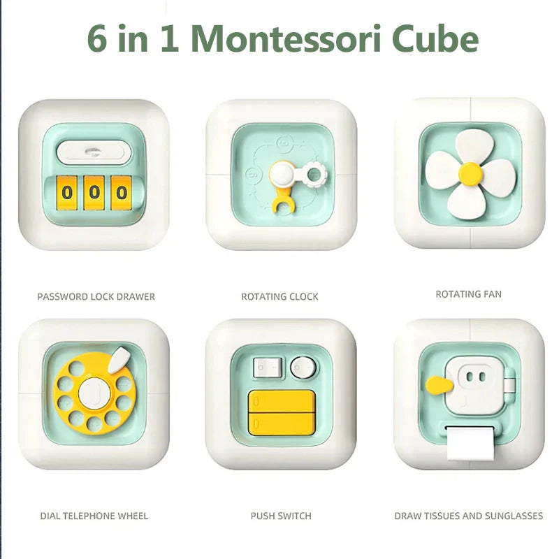 6 in 1 Montessori Educational Toys Sensory Busy Board Baby Practice Skills Drawer Cube Fidget Educational Toys for Girl Boy