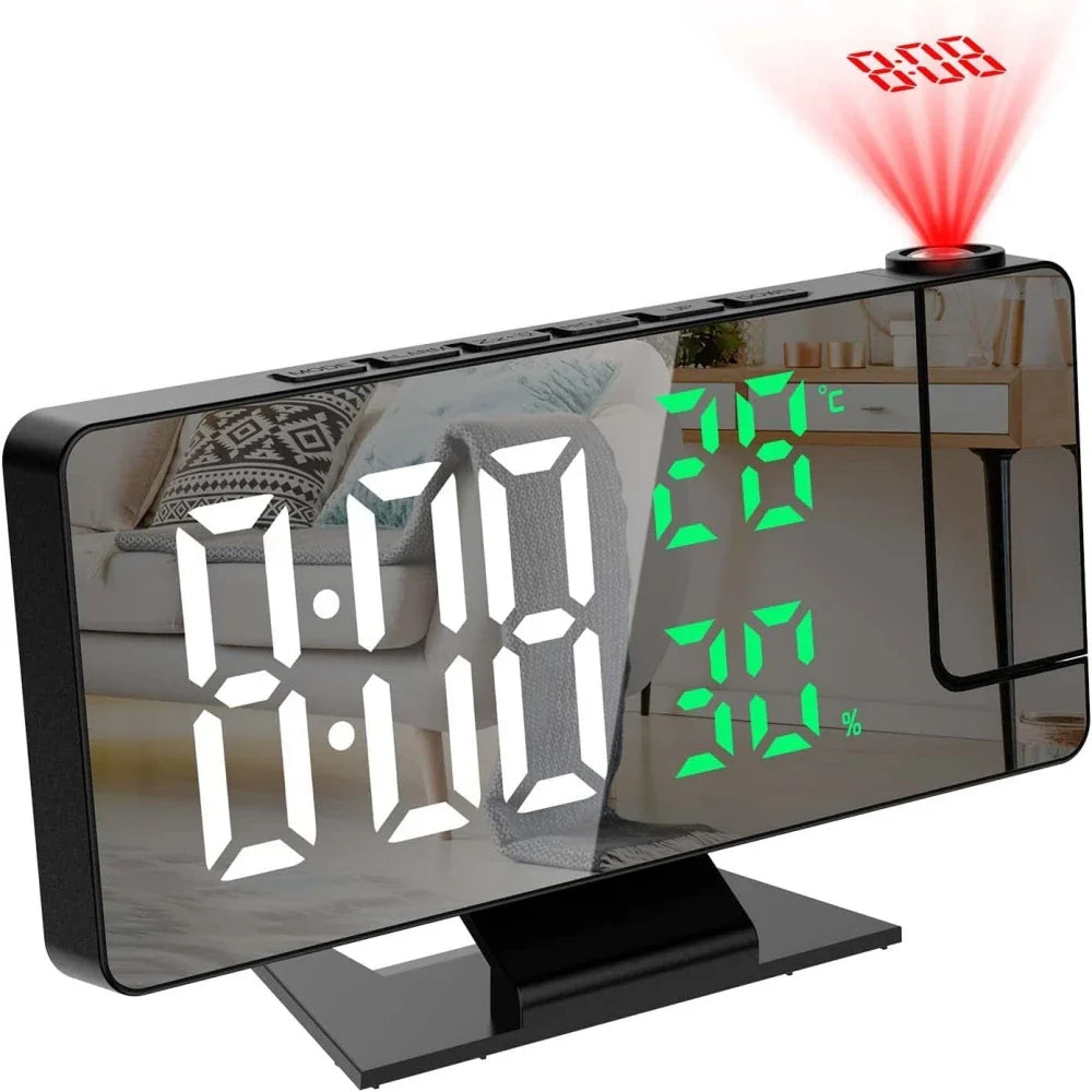 180° Projection Alarm Clock with Temp, Humidity, Night Mode, Snooze, USB